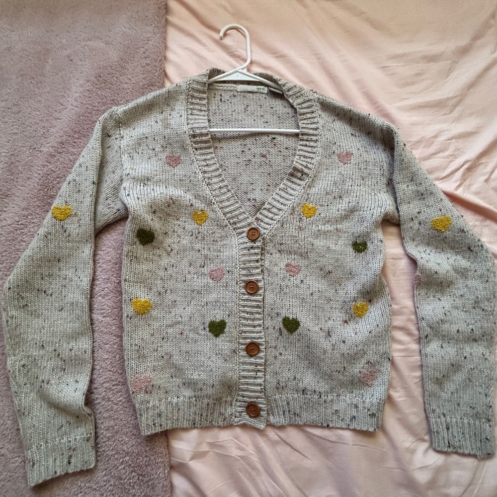Kersh Gray Speckled Heart-Pattern Cardigan with Wooden Buttons